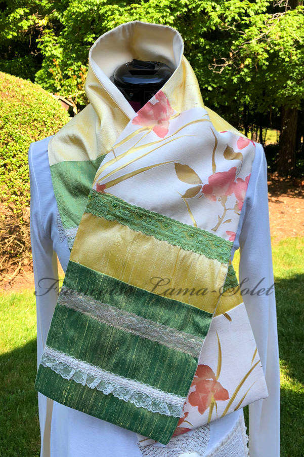 Women's silk scarf handmade with green and yellow silk and floral linen and lace.