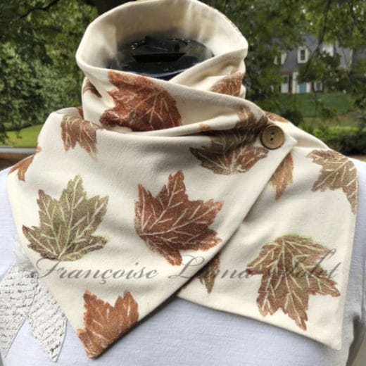 Unique ivory neck scarf handmade and hand printed with fall maple leaves.