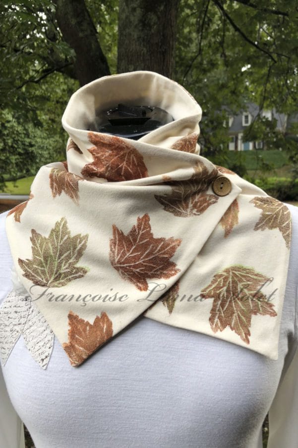 Unique ivory neck scarf handmade and hand printed with fall maple leaves.