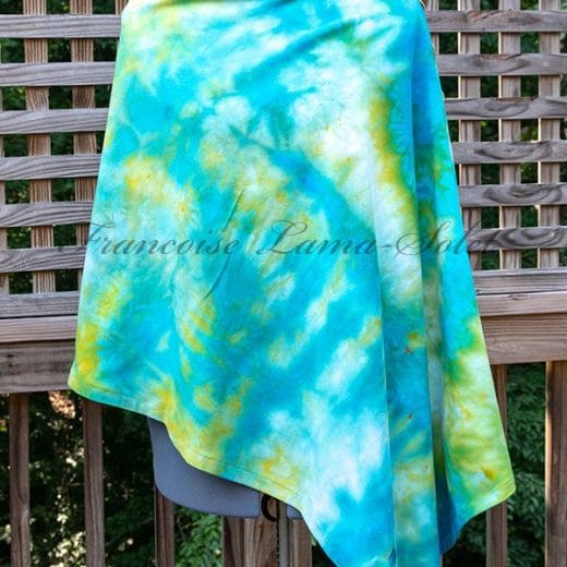 Women's handmade and ice dyed turquoise and yellow poncho cape.