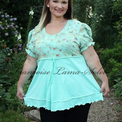 Women empire waist puff sleeve tunic top handmade with a hand painted cotton lycra jersey