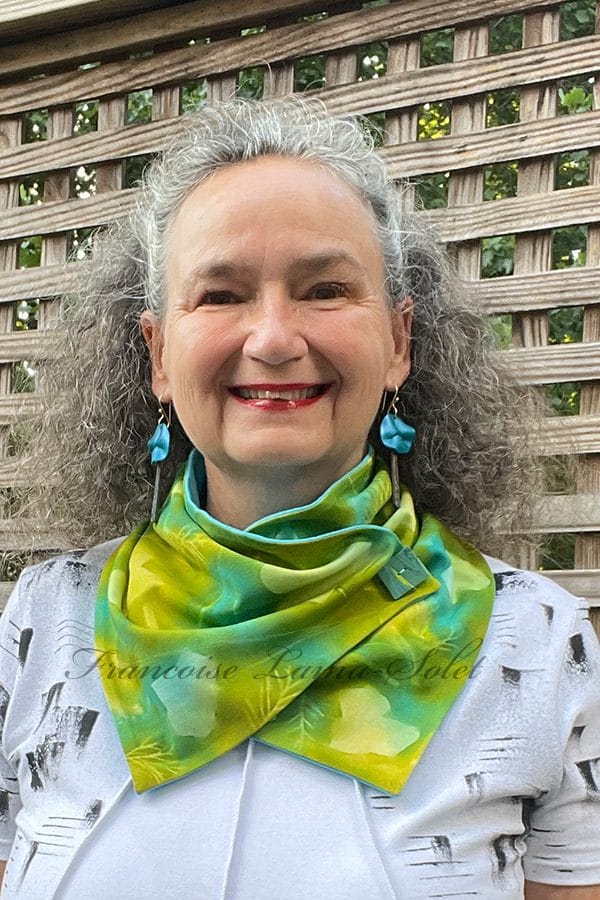Stunning green neck scarf handmade and hand painted with ivy leaves.