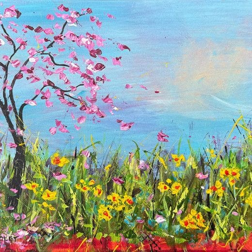 Joyful original landscape painting of a cherry blossom tree and daffodil fields