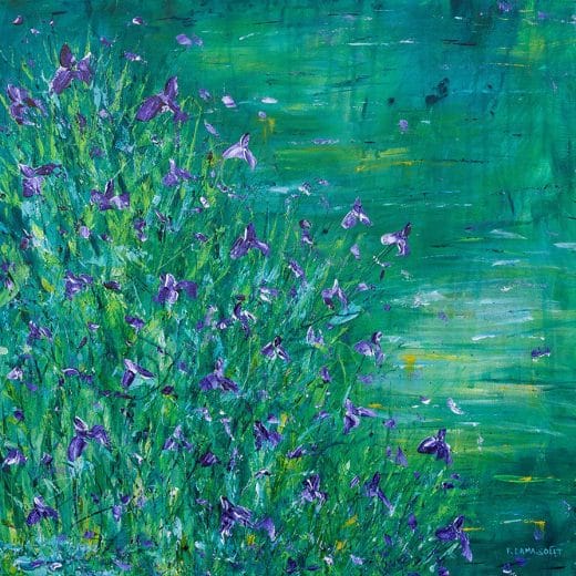 contemporary impressionist painting of purple irises in the a green pond