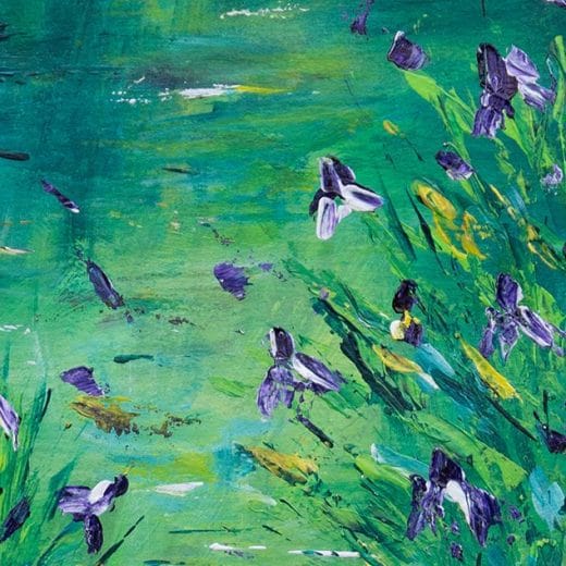 Original impressionist painting of iris by a pond on watercolor paper size 5" x 7"