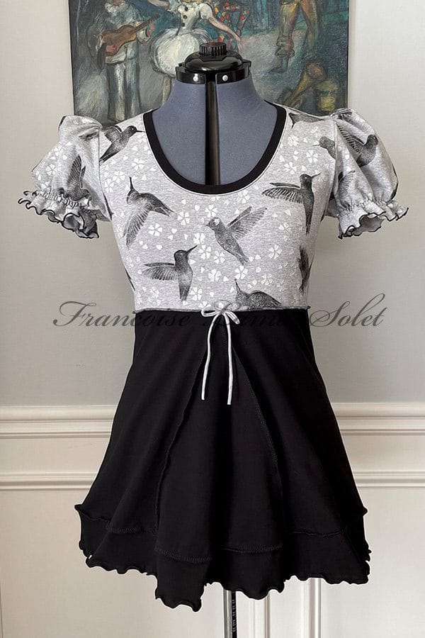 Women's empire waist puff sleeve tunic handmade with gray and black cotton lycra jerseys and hand printed with humming birds and cherry blossoms.