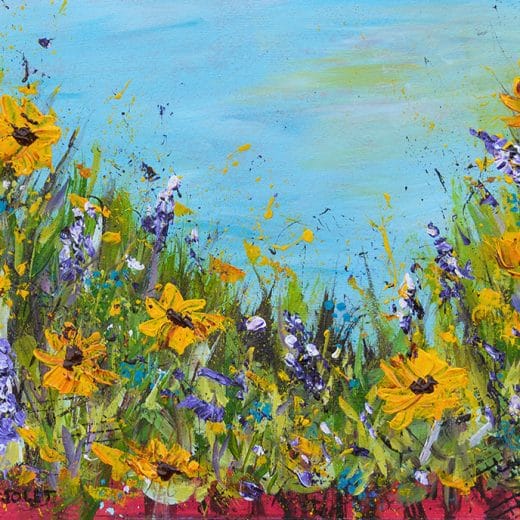 Joyful original acrylic painting of a meadow of flowers with sunflowers on watercolor paper size 8" x 10"