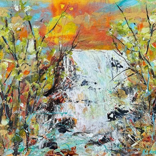 Original acrylic painting of a sunset over a waterfall in the forest painted on watercolor paper