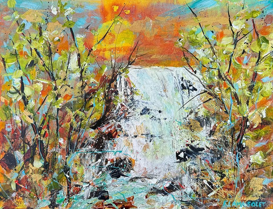 Original acrylic painting of a sunset over a waterfall in the forest painted on watercolor paper