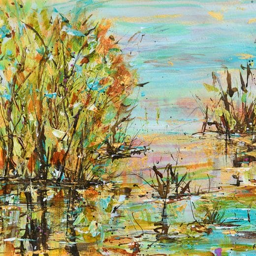 Vibrant impressionist painting of a sunset over the marshes hand painted on watercolor paper