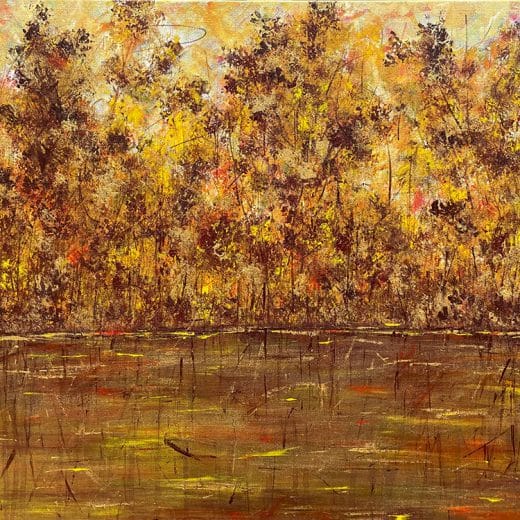 Original impressionist landscape painting featuring autumnal trees reflecting in a river