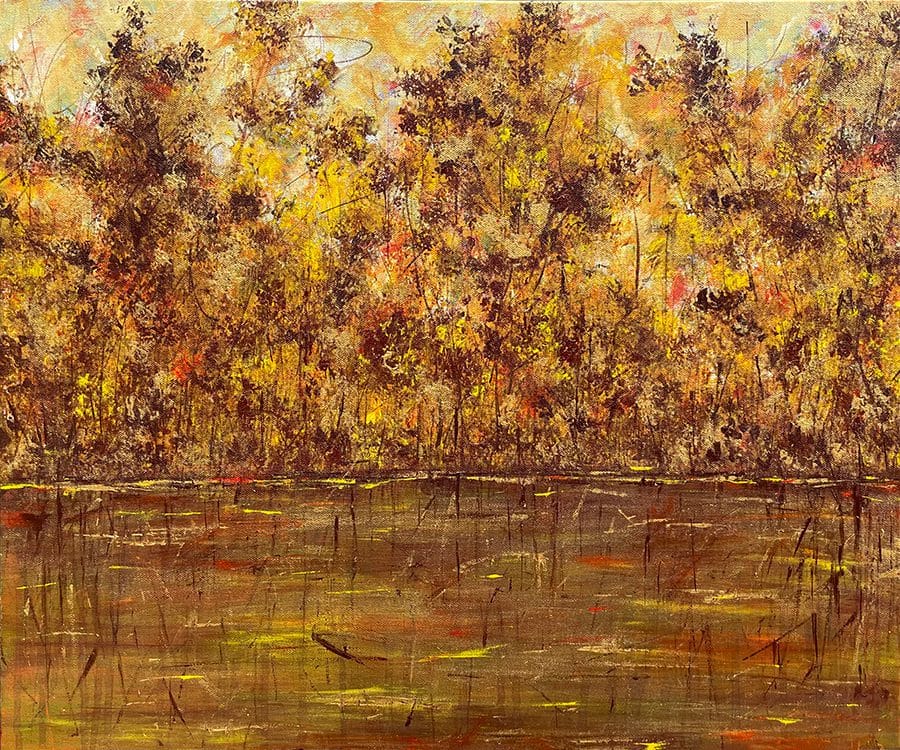 Original impressionist landscape painting featuring autumnal trees reflecting in a river