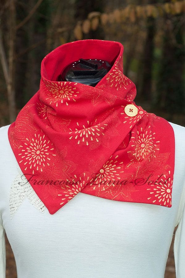 Stylish and festive handmade and hand printed red and gold neck scarf
