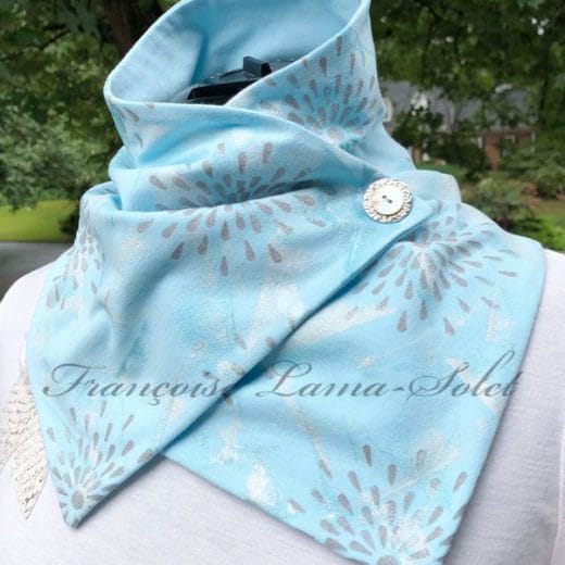 Beautiful and soft baby blue button neck scarf handmade and hand printed with stars.