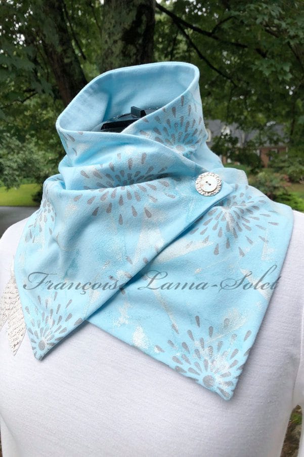 Beautiful and soft baby blue button neck scarf handmade and hand printed with stars.