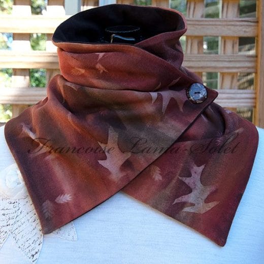 One of a kind brown button neck scarf, handmade and sun painted with leaf prints.
