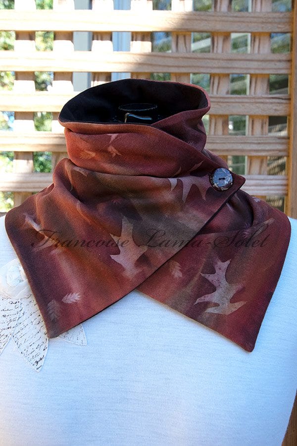 One of a kind brown button neck scarf, handmade and sun painted with leaf prints.