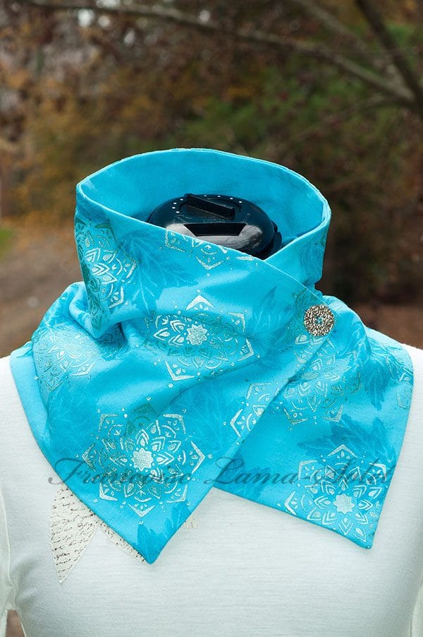 Unique turquoise scarf handmade and hand printed with a mandala artwork