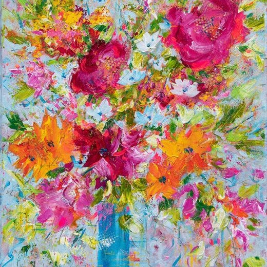 Vibrant and energetic impressionist painting of a flower bouquet in a blue vase