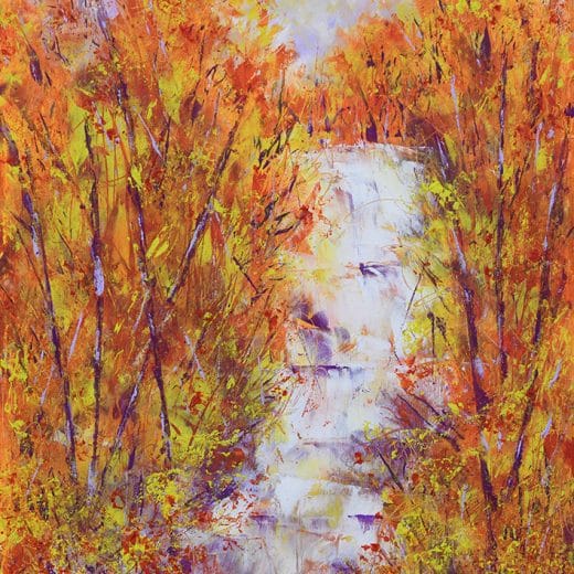 Original mixed media oil and cold wax painting of a forest with a waterfall during the fall season