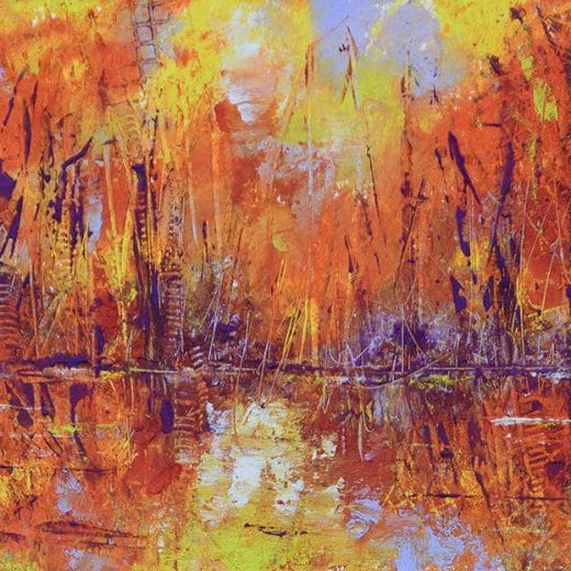 Vibrant original impressionist oil painting of a lake view and tree reflection with autumnal vibe