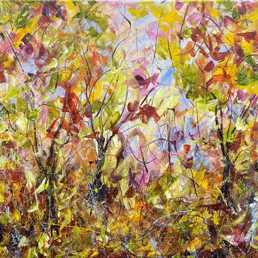 Impressionist landscape painting of a forest in the fall