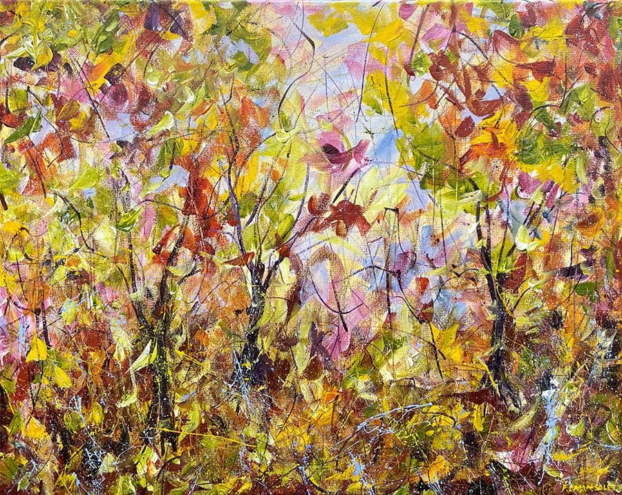 Impressionist landscape painting of a forest in the fall