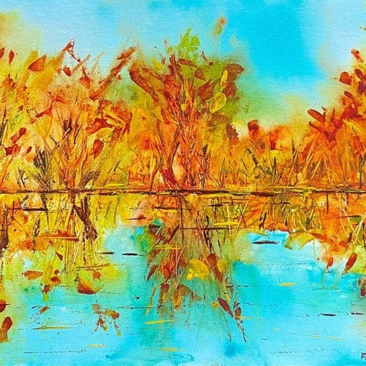 Vibrant Lakeview scenery hand painted with acrylics on canvas panel 9" x 12"