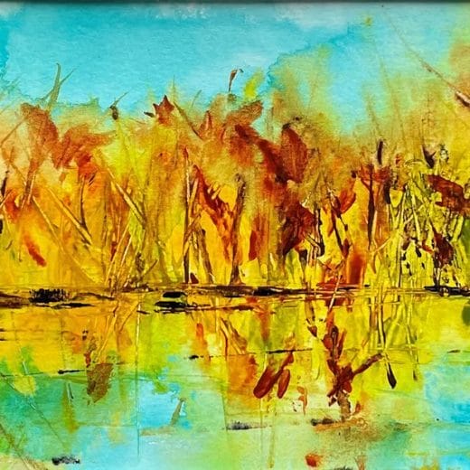Vibrant original abstract landscape painting of a lake scenery during the fall