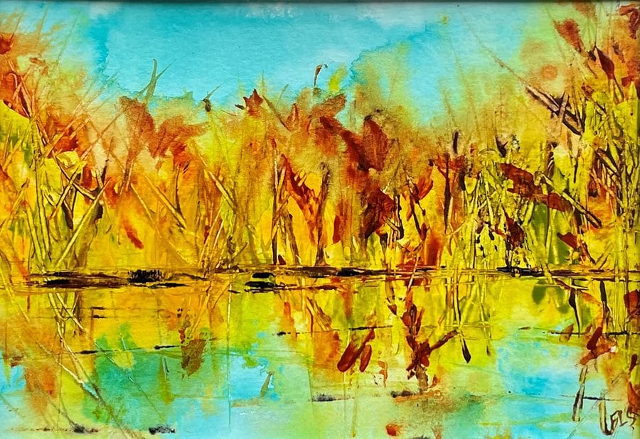 Vibrant original abstract landscape painting of a lake scenery during the fall