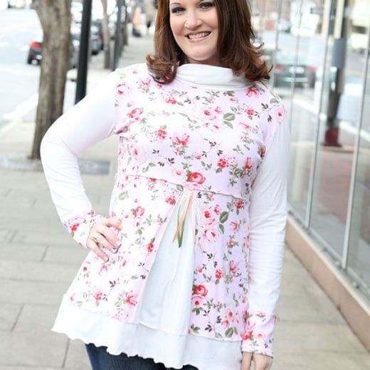 Women's romantic chic long sleeve empire waist tunic handmade with a combination of a solid off white jersey and a peach pink floral jersey.