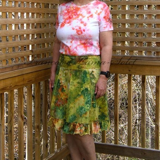 Gorgeous green and orange ruffle knee skirt handmade and ice dyed