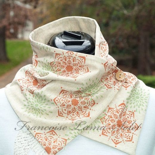 Unique handmade and hand printed button scarf in earth tones and mandala prints