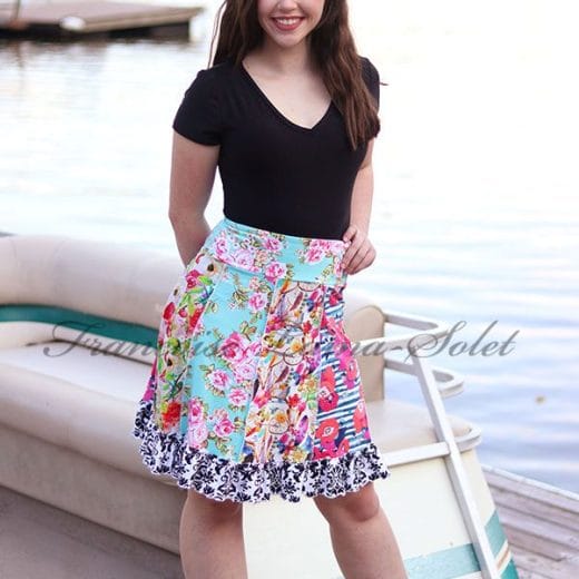 Colorful patchwork knee length panel skirt handmade with a mix of floral and dreamcatcher print cotton lycra jerseys