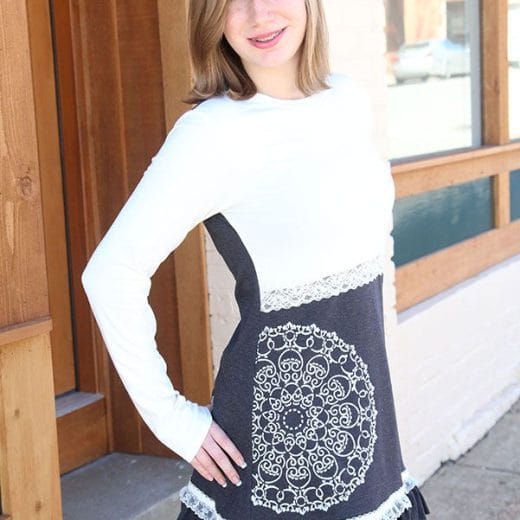 Women's long sleeve tunic handmade with charcoal grey and off white jersey and hand printed with doily pattern.