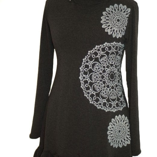 Women's long sleeve ruffle tunic handmade with charcoal grey jersey and hand printed with doily patterns.