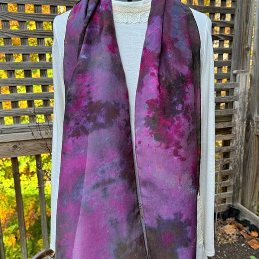 Women's hand dyed purple and pink silk scarf