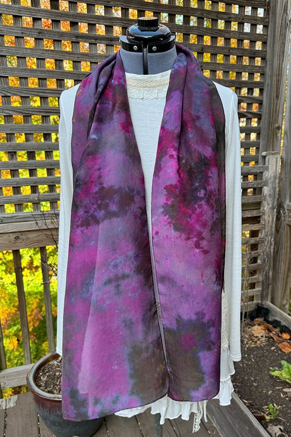 Women's hand dyed purple and pink silk scarf