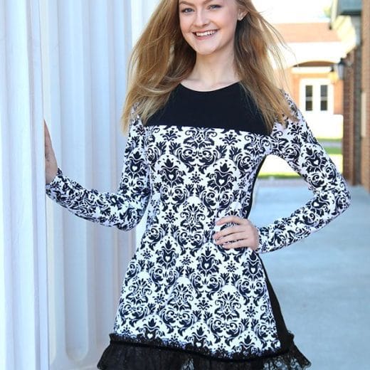 Women's damask black and white ruffled tunic with long sleeves