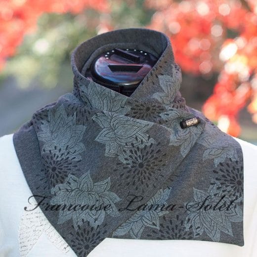 Gray and black women's button neck scarf handmade and hand print ed with lotus flowers and stars
