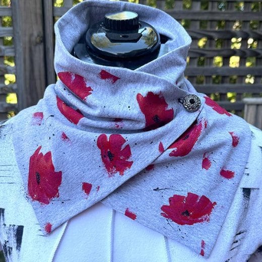 Women's gray button neck warmer scarf handmade and hand painted with red poppies.