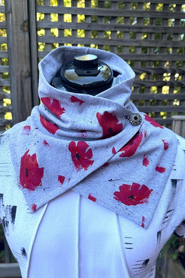 Women's gray button neck warmer scarf handmade and hand painted with red poppies.