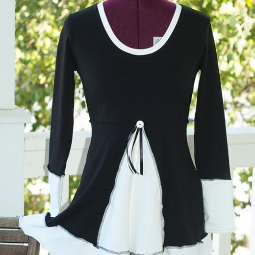 Women's black and white handmade empire waist tunic with long sleeves