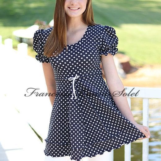 Women's puff sleeve empire waist tunic handmade with a black and white polka dot cotton lycra jersey.