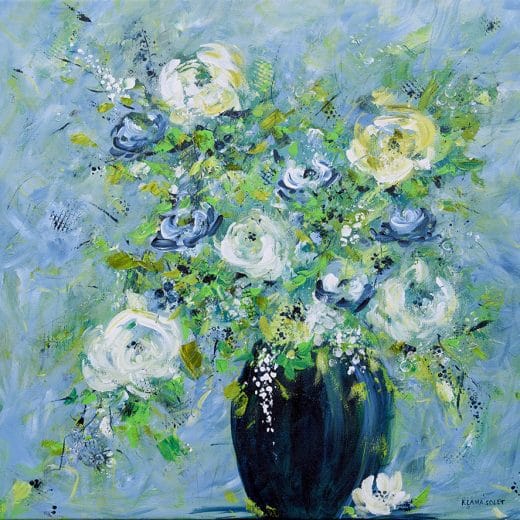 Contemporary impressionist painting of a bouquet in a blue vase