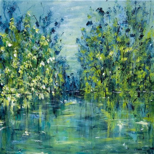 Serene original impressionist landscape painting of trees reflecting in a lake