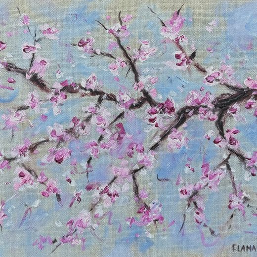 Original oil painting on linen panel featuring a branches of cherry blossoms