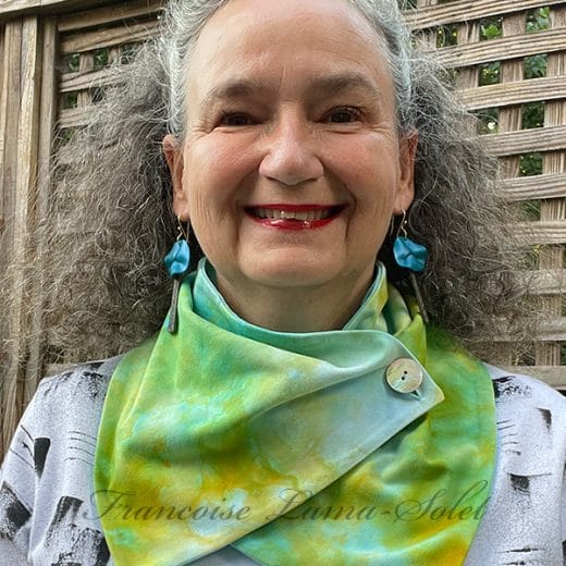 Women chartreuse green and aqua fashion neck scarf handmade and ice dyed.