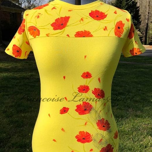 Women yellow handmade short sleeve t-shirt that was hand painted with California poppy flowers