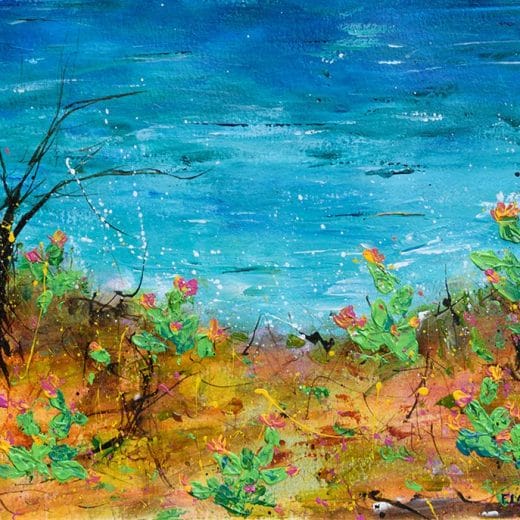 Original seascape painting with blooming cacti inspired by the California coast